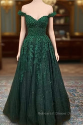 A-Line Off-the-Shoulder Glitter Appliqued Tulle Semi Formal Prom Dress/Evening Dress with Regular Straps